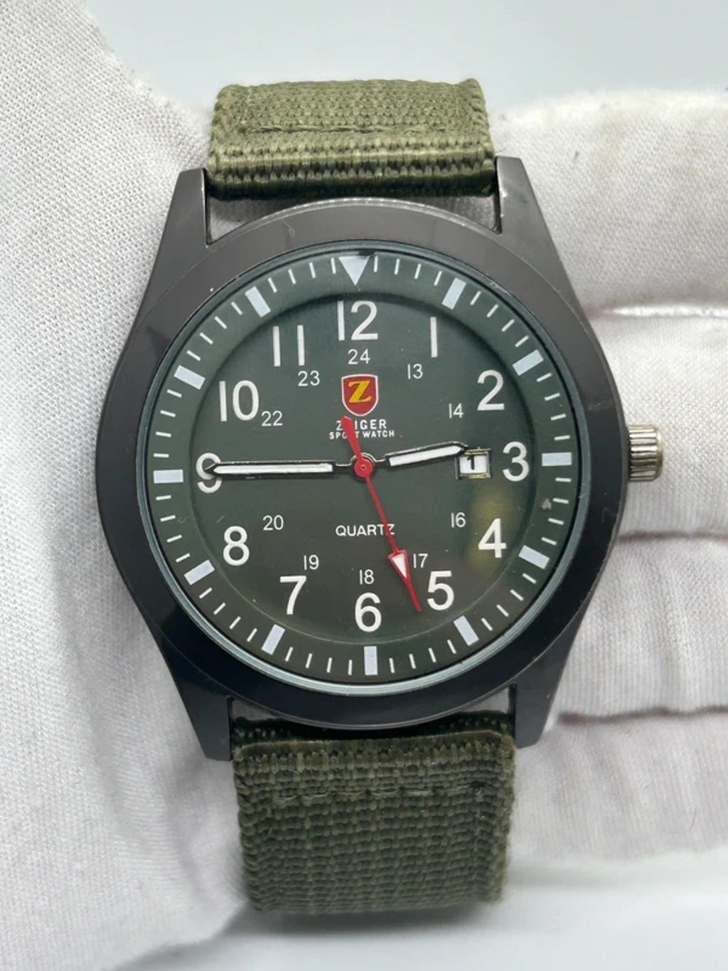 Zeiger sports watch with black case green dial and green fabric strap