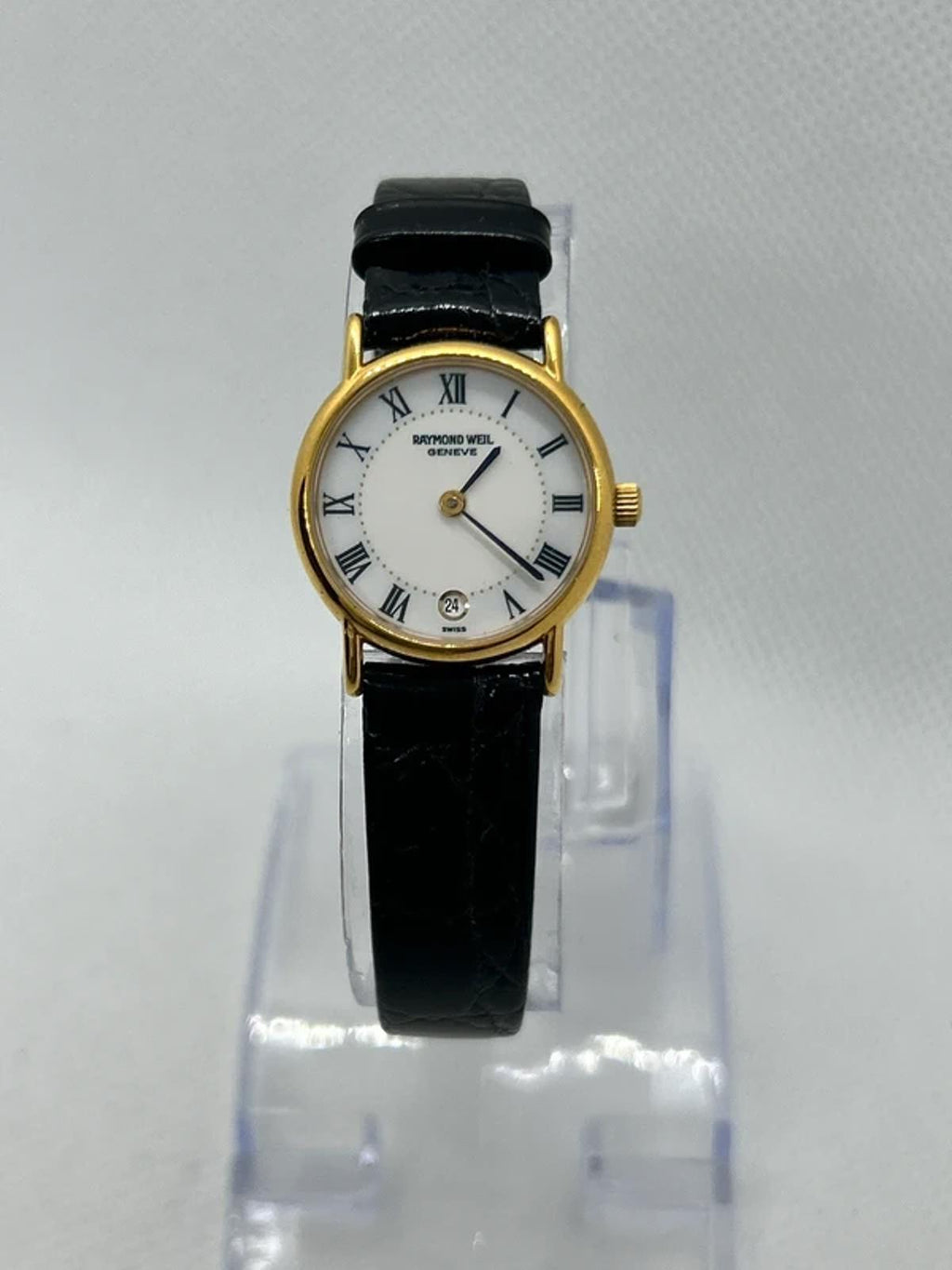 Raymond Weil 18k electro gold plated watch with white dial and black strap
