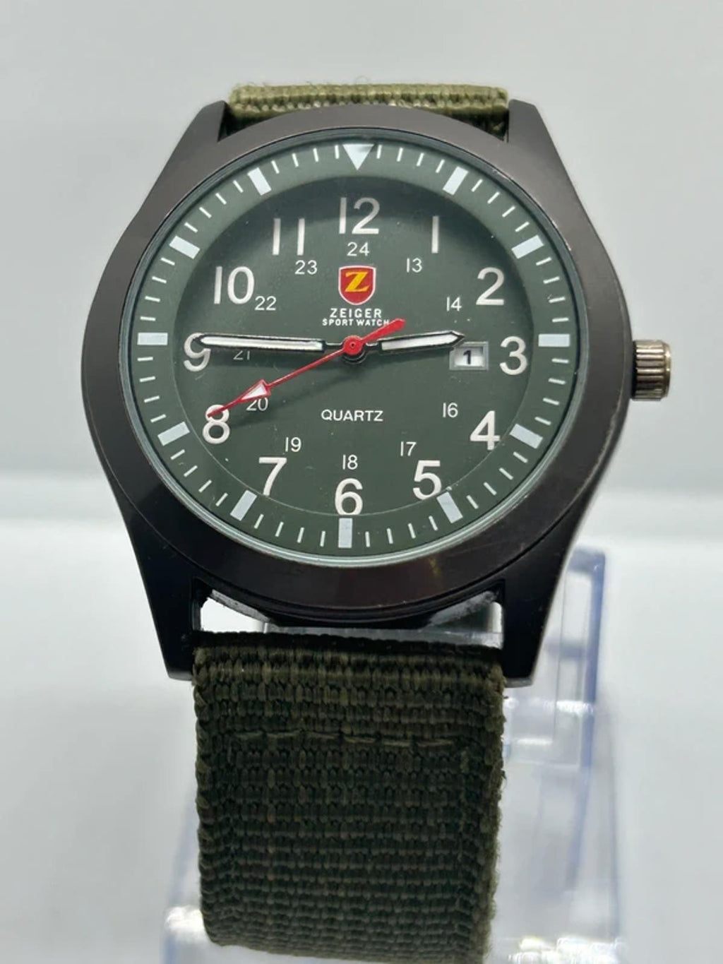 Zeiger sports watch with black case green dial and green fabric strap