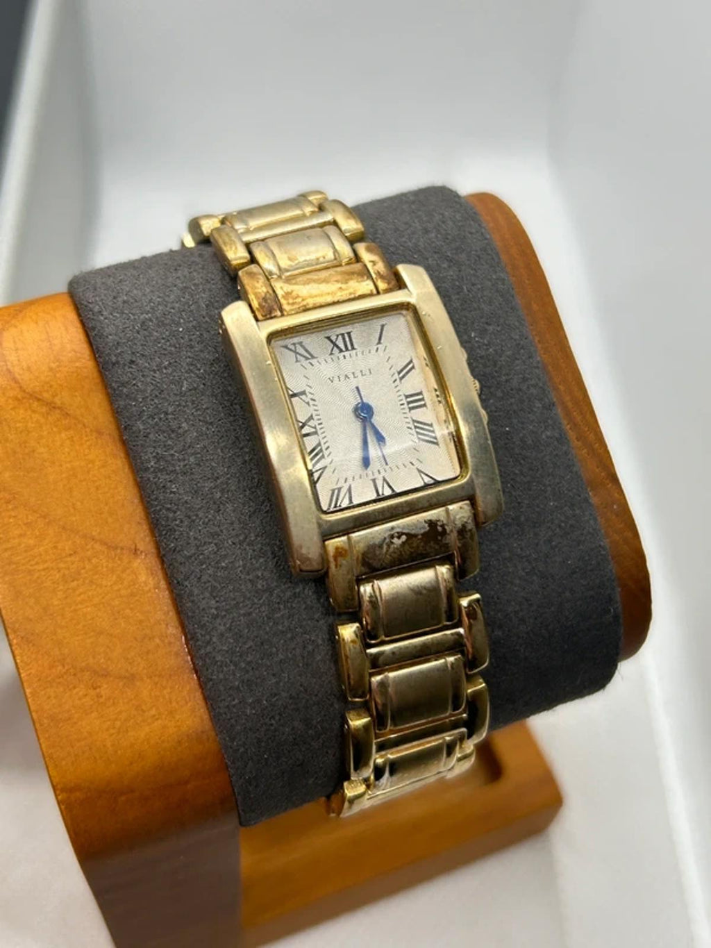 Vialli champagne gold tank watch with patina box and papers