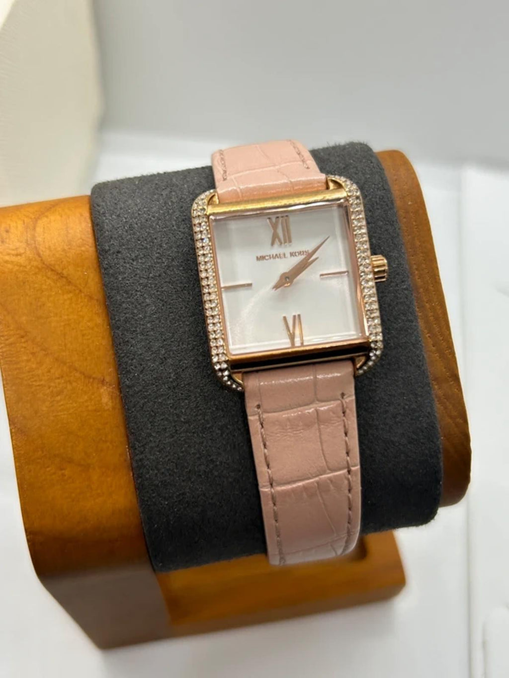 Ladies Michael Kors gold square watch silver dial rose strap with box and papers