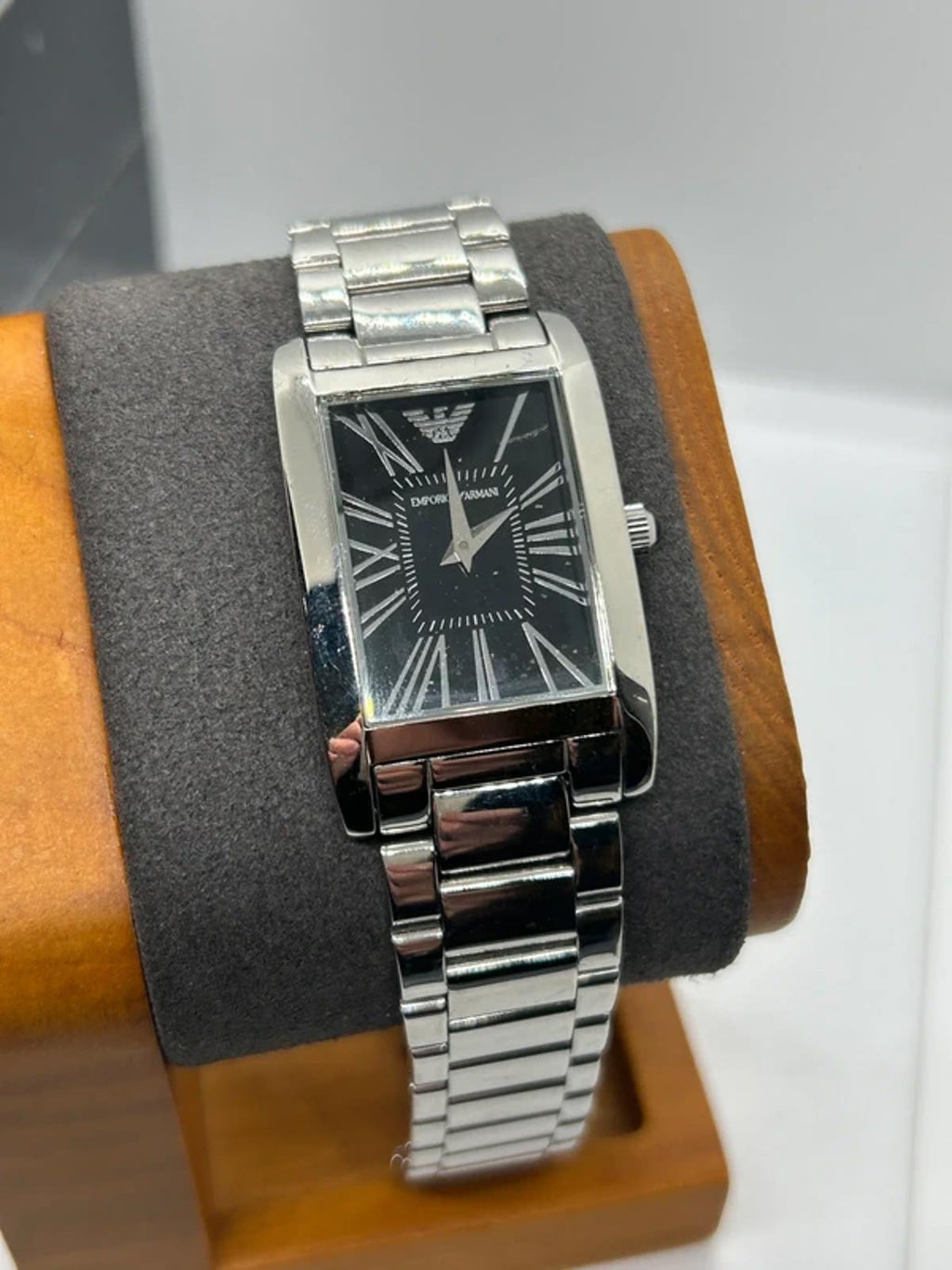 Unisex sized Emporio Armani  silver and black watch box and spare links