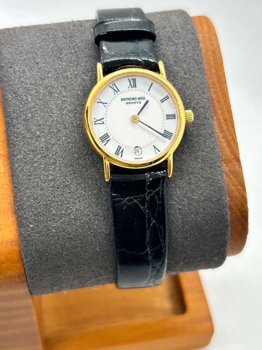 Raymond Weil 18k electro gold plated watch with white dial and black strap