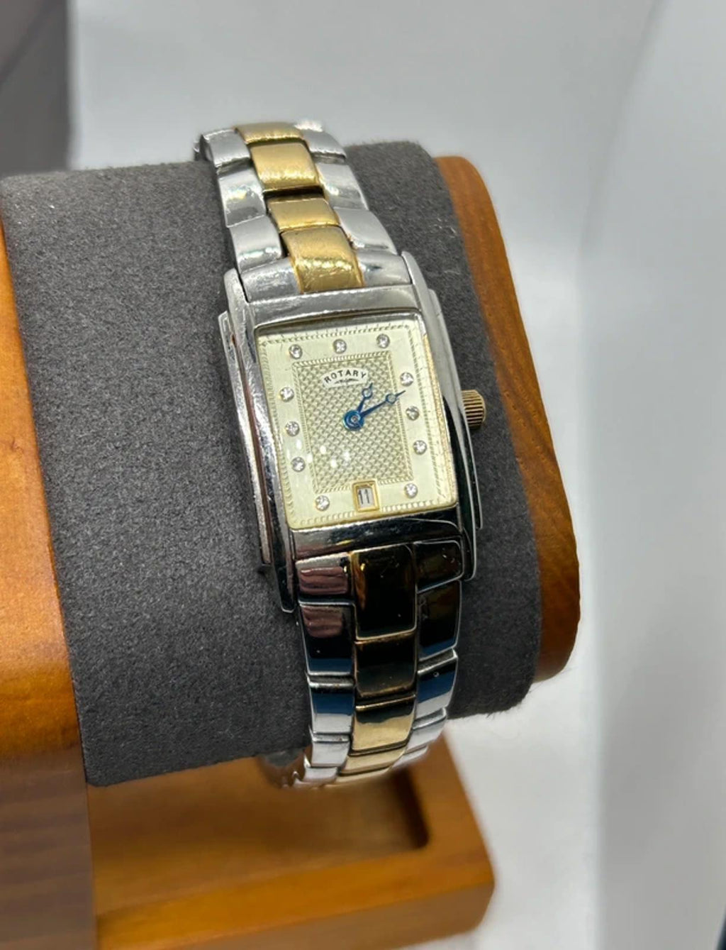 Stunning Ladies Rotary tank shape gold and silver watch with box and papers