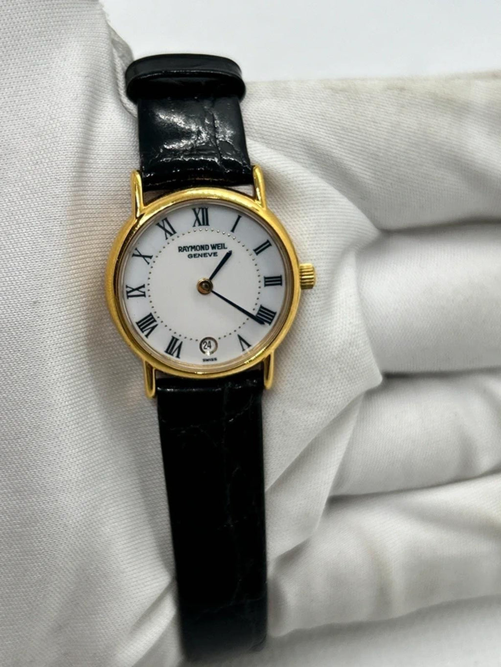 Raymond Weil 18k electro gold plated watch with white dial and black strap