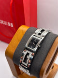 Guess ladies silver tank watch black dial with box and papers