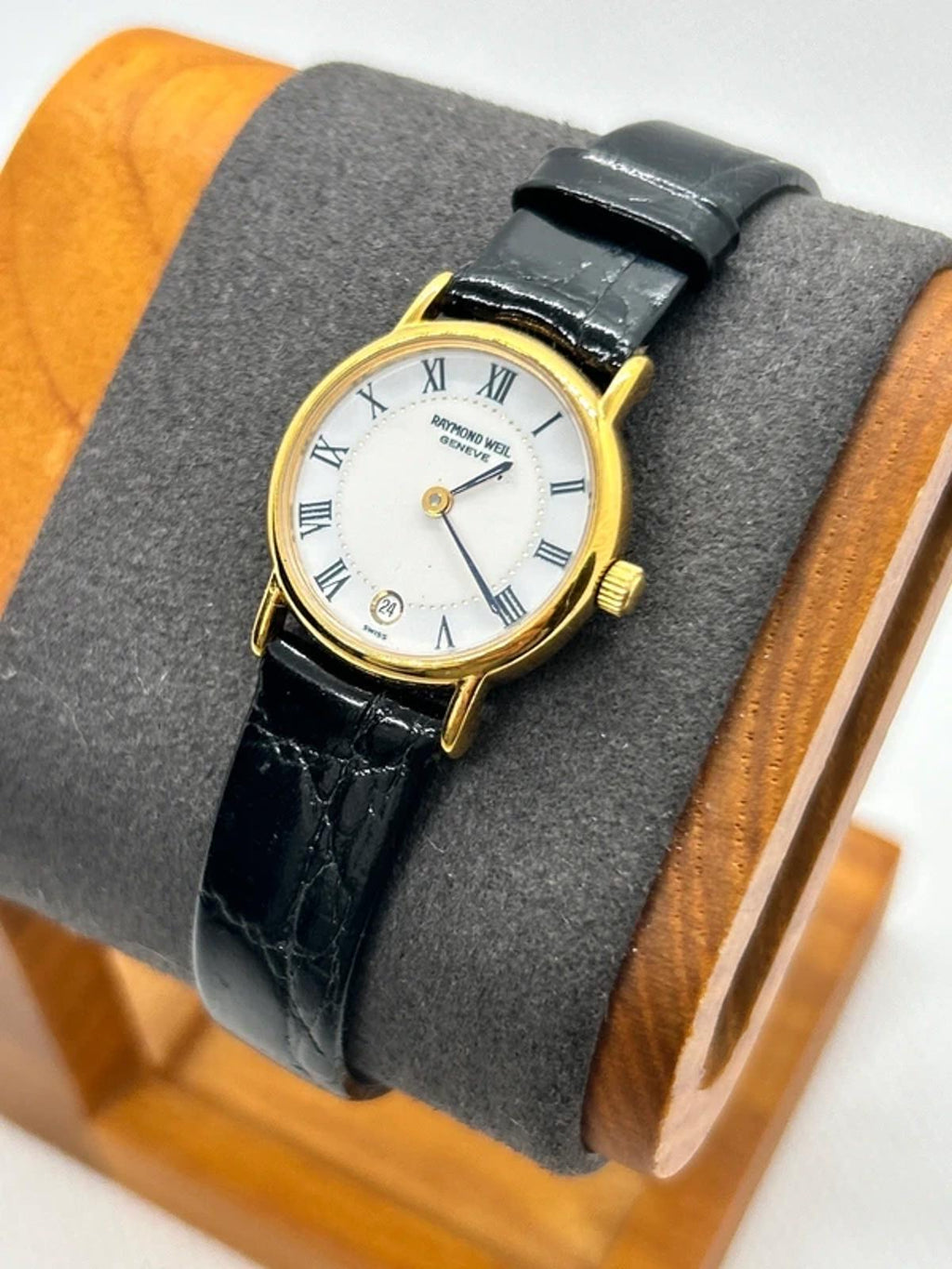 Raymond Weil 18k electro gold plated watch with white dial and black strap