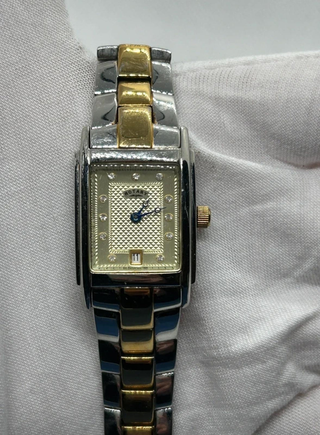 Stunning Ladies Rotary tank shape gold and silver watch with box and papers