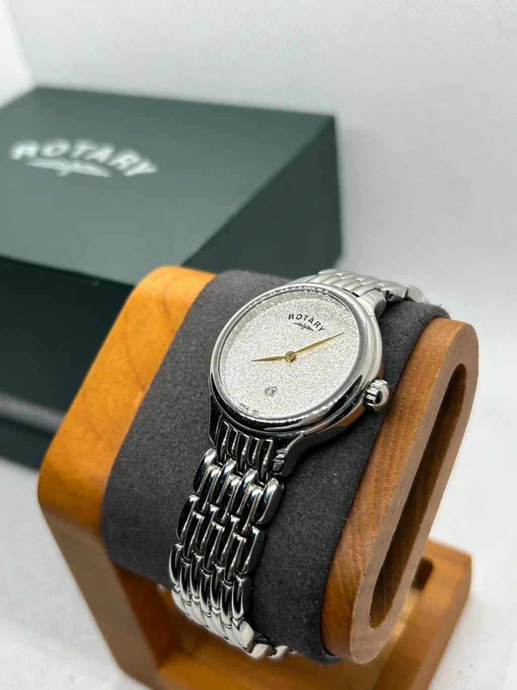 Ladies Rotary diamanté dial silver watch with box and papers
