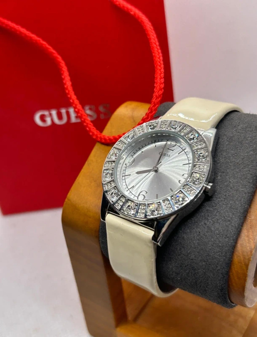 Lovely Ladies Guess silver watch diamanté style bezel with box and papers
