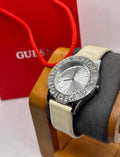 Lovely Ladies Guess silver watch diamanté style bezel with box and papers