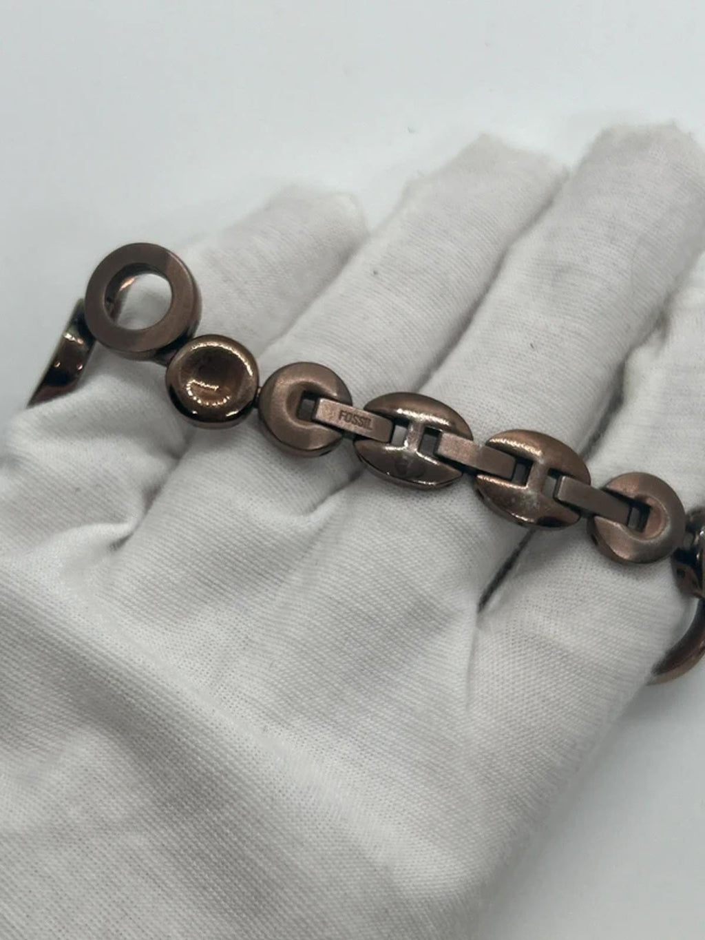 Ladies Fossil bronze bracelet watch waved dial
