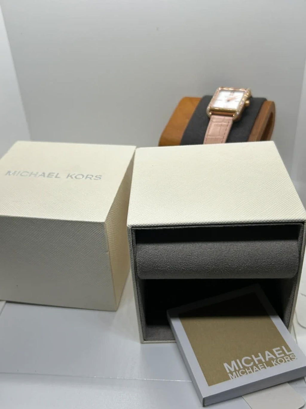 Ladies Michael Kors gold square watch silver dial rose strap with box and papers