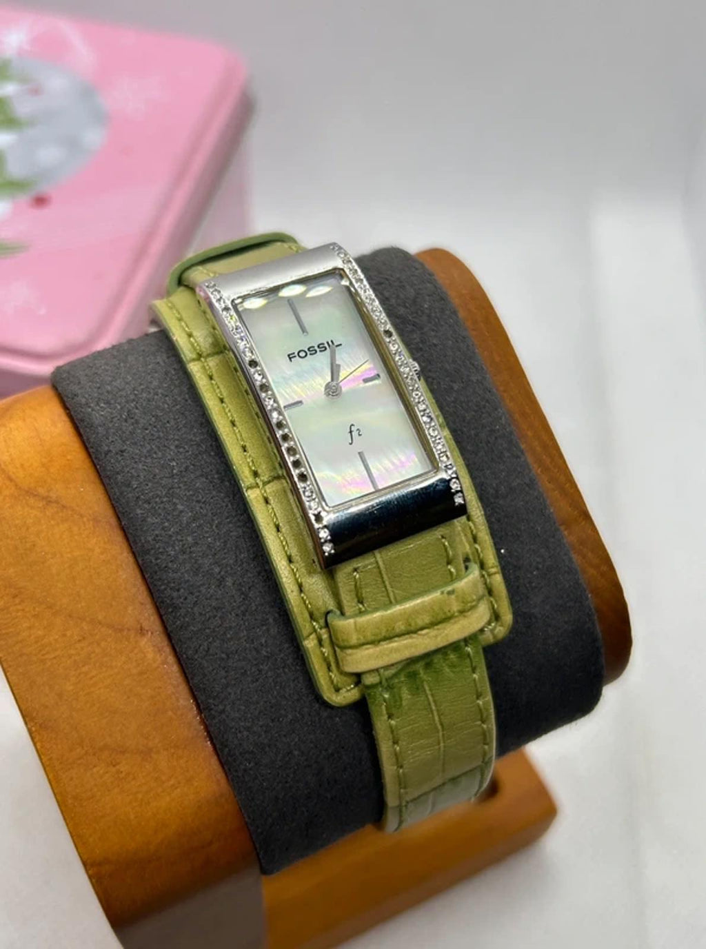Ladies Fossil silver case watch with olive green strap with watch tin