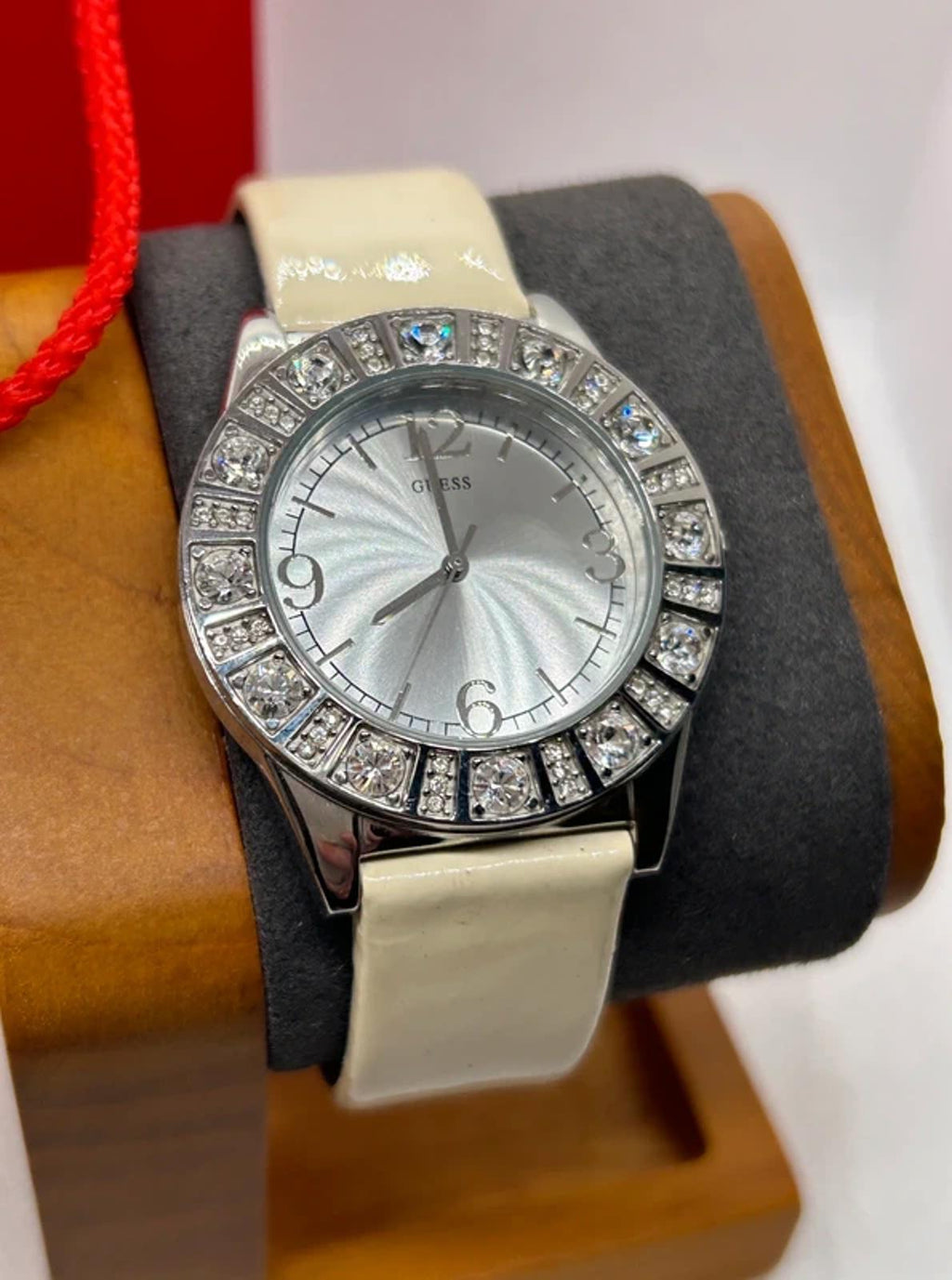Lovely Ladies Guess silver watch diamanté style bezel with box and papers