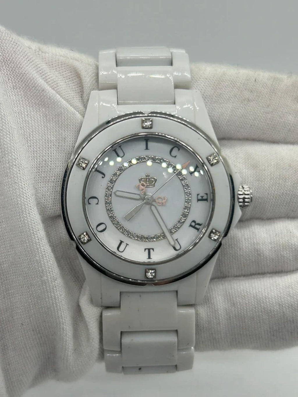 Ladies Juicy couture white plastic watch with diamantés