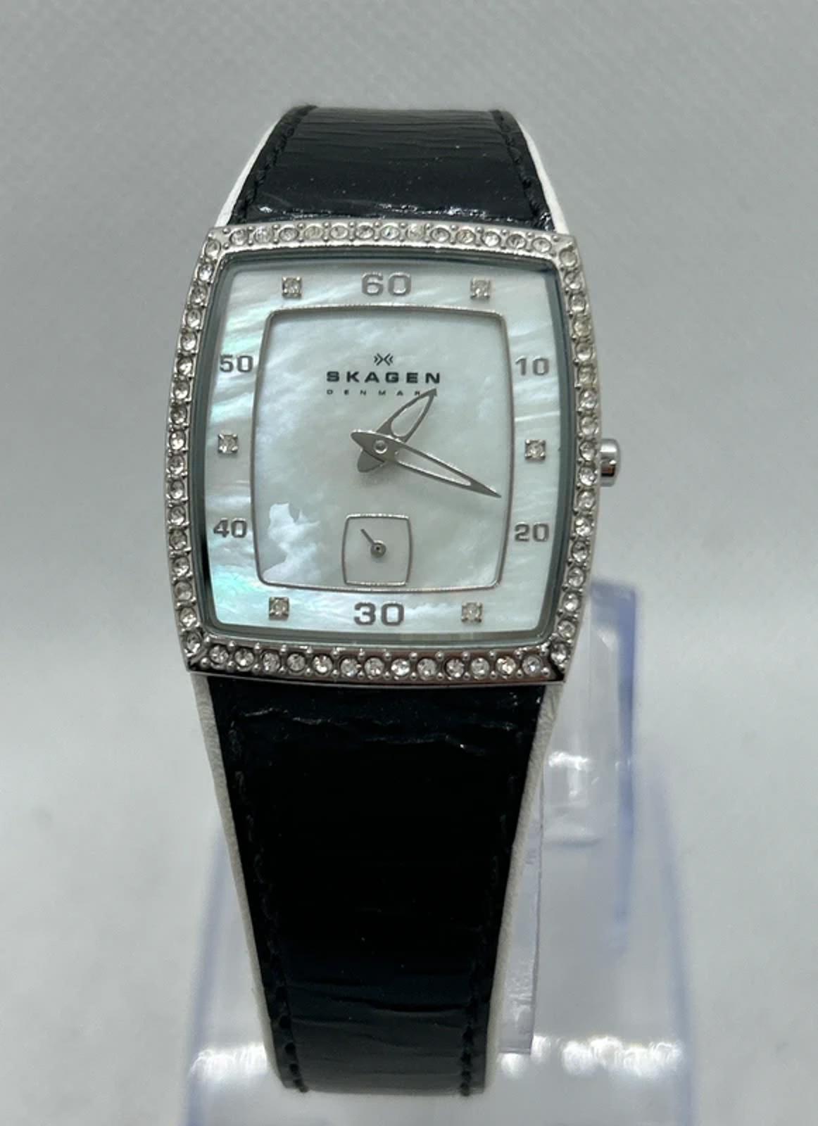 Lovely ladies Skagen watch mother of pearl dial diamantés with black strap