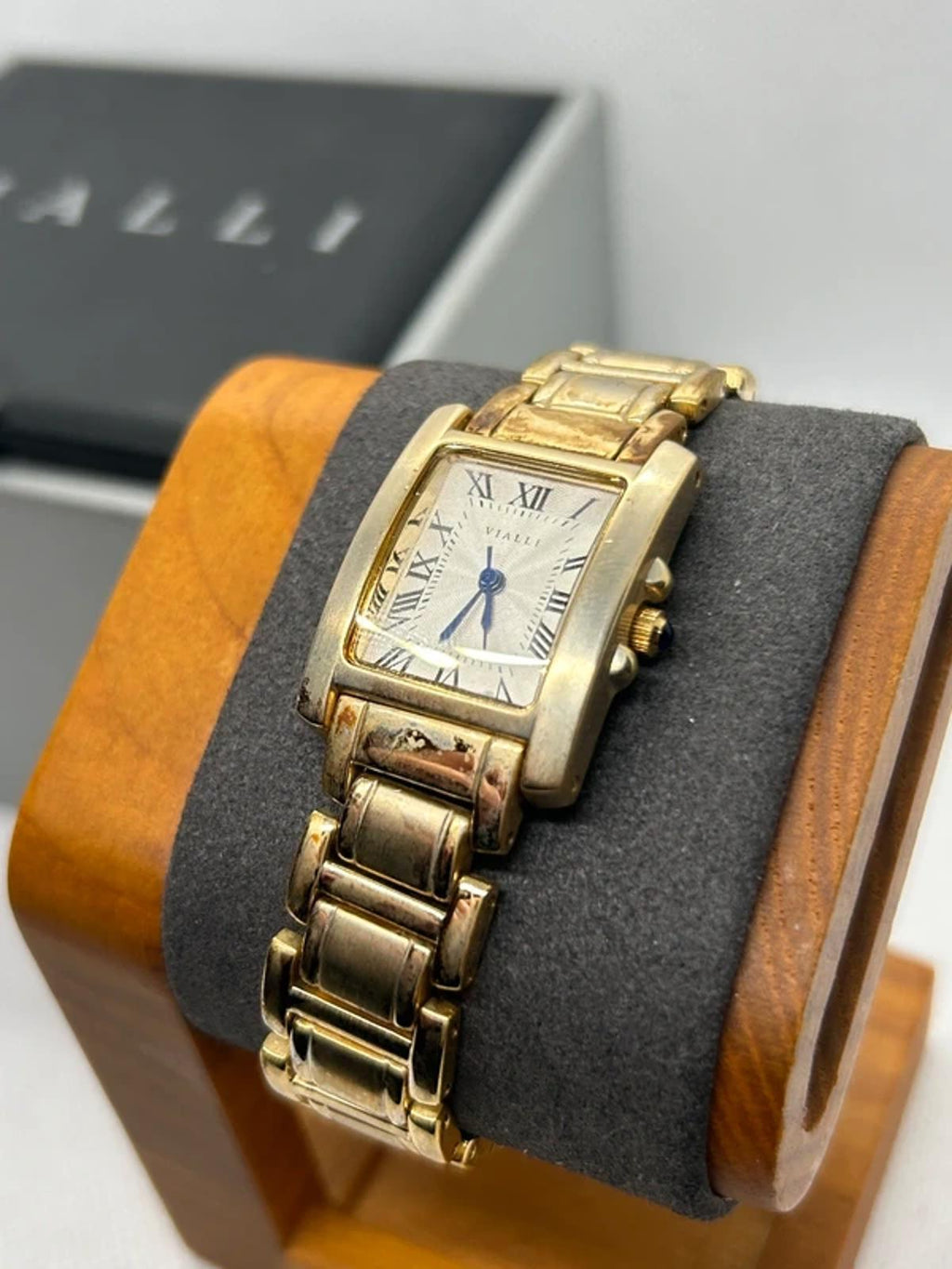 Vialli champagne gold tank watch with patina box and papers