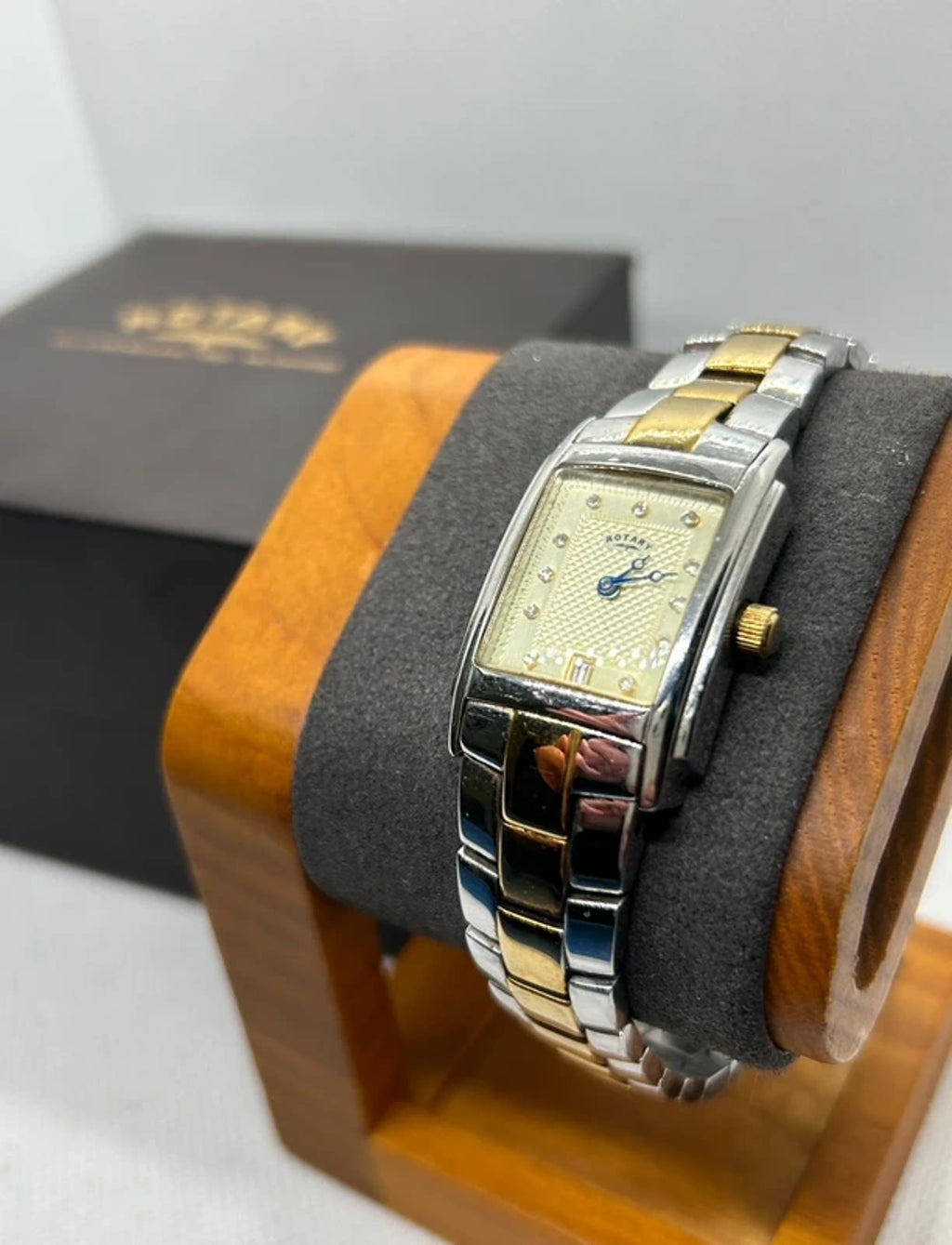 Stunning Ladies Rotary tank shape gold and silver watch with box and papers
