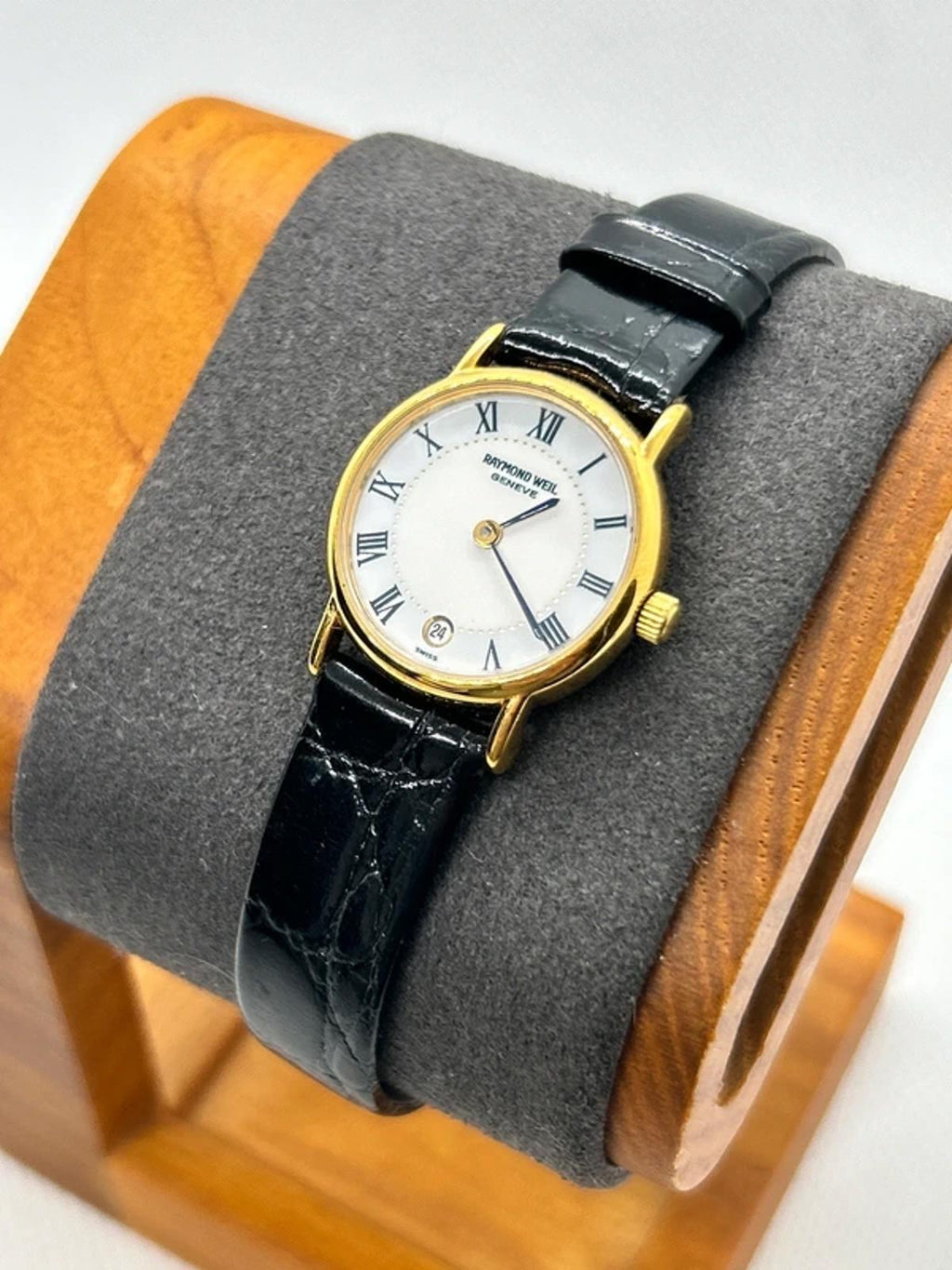 Raymond Weil 18k electro gold plated watch with white dial and black strap