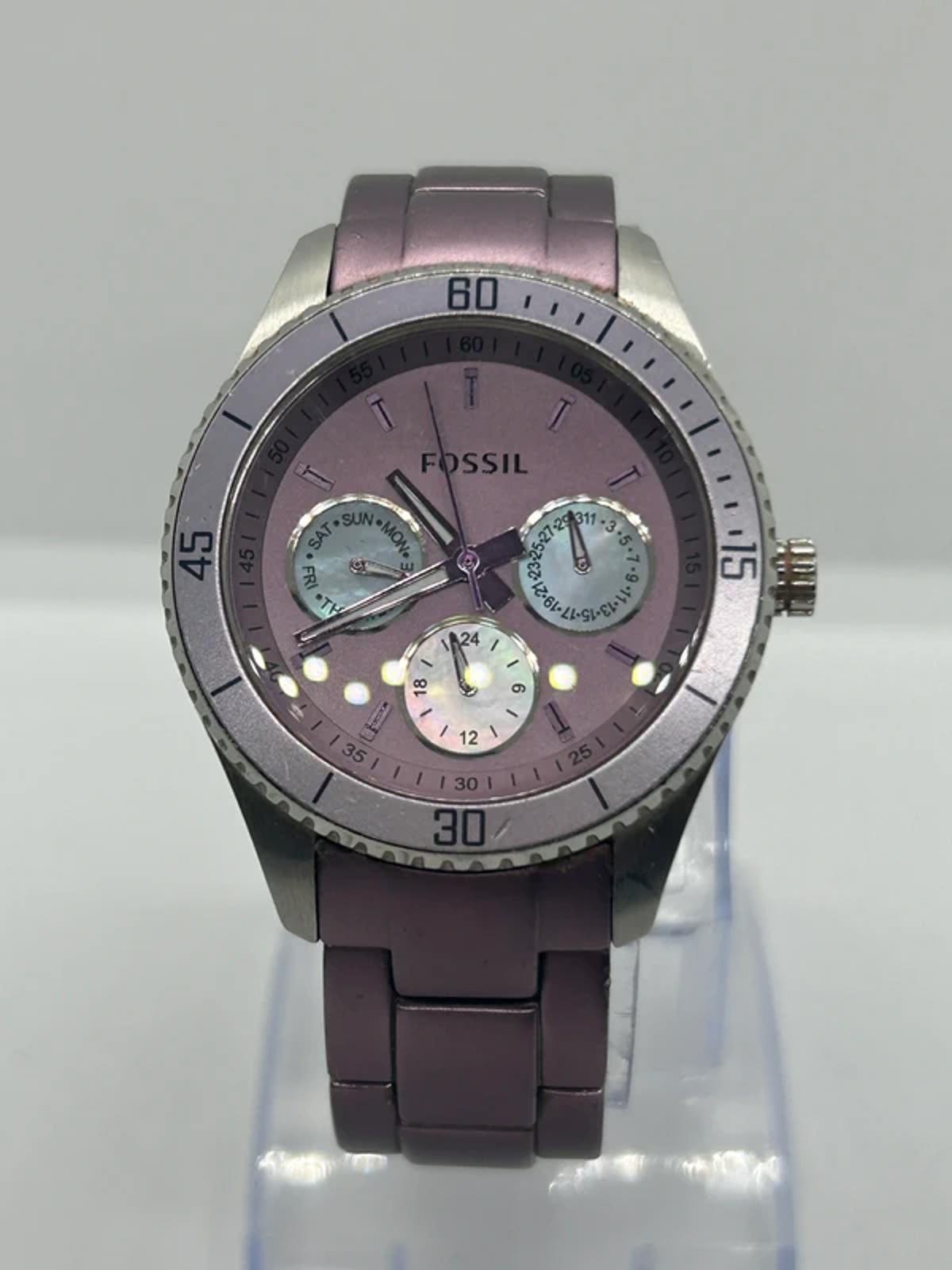 Ladies Lilac fossil quartz watch with gemstone bezel