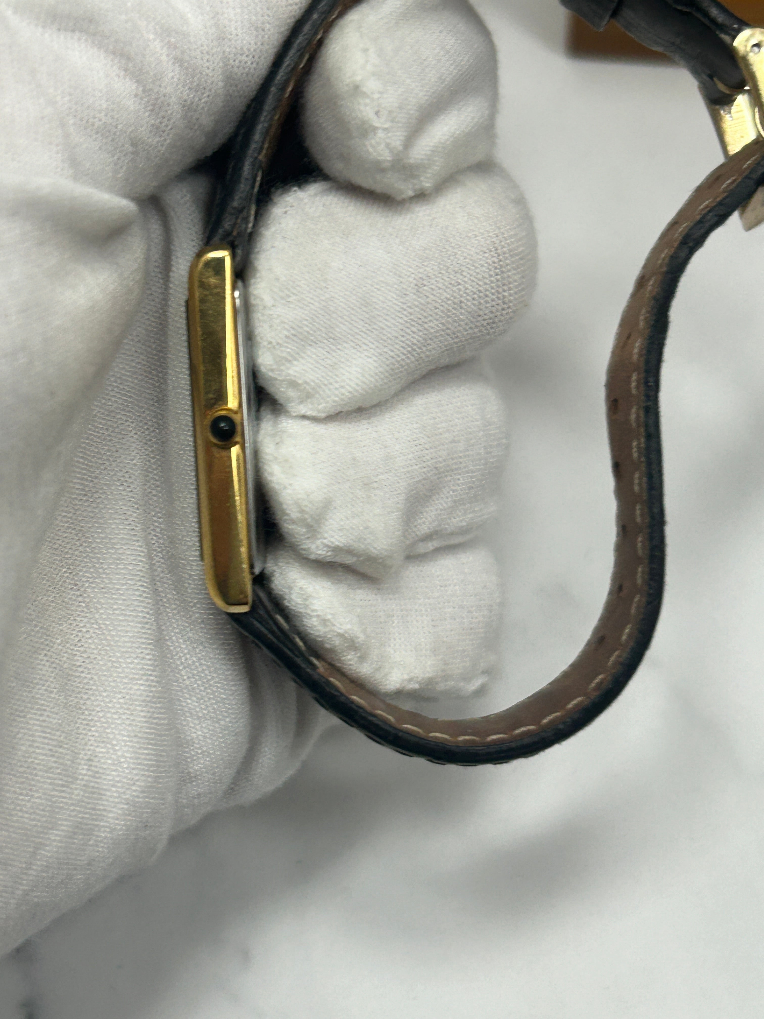 Vintage Seiko gold case tank watch white dial black strap