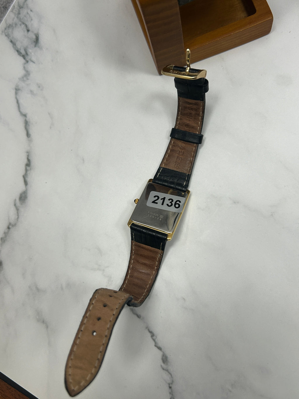 Vintage Seiko gold case tank watch white dial black strap