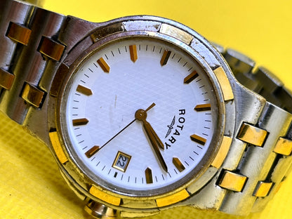 Rotary quartz two tone silver and gold watch with date function