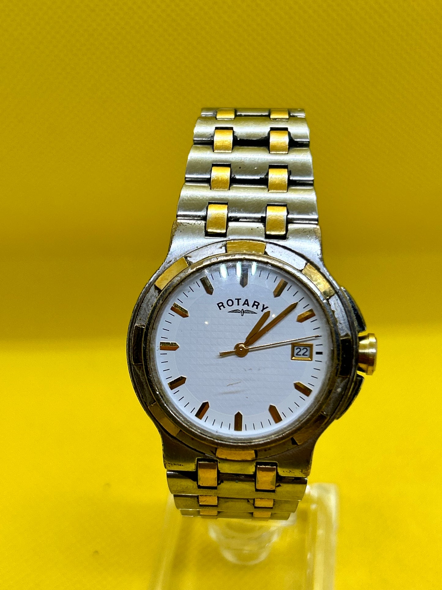 Rotary quartz two tone silver and gold watch with date function