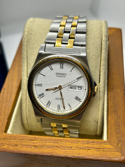 Seiko Daydate SQ100 quartz watch two tone gold and silver with box