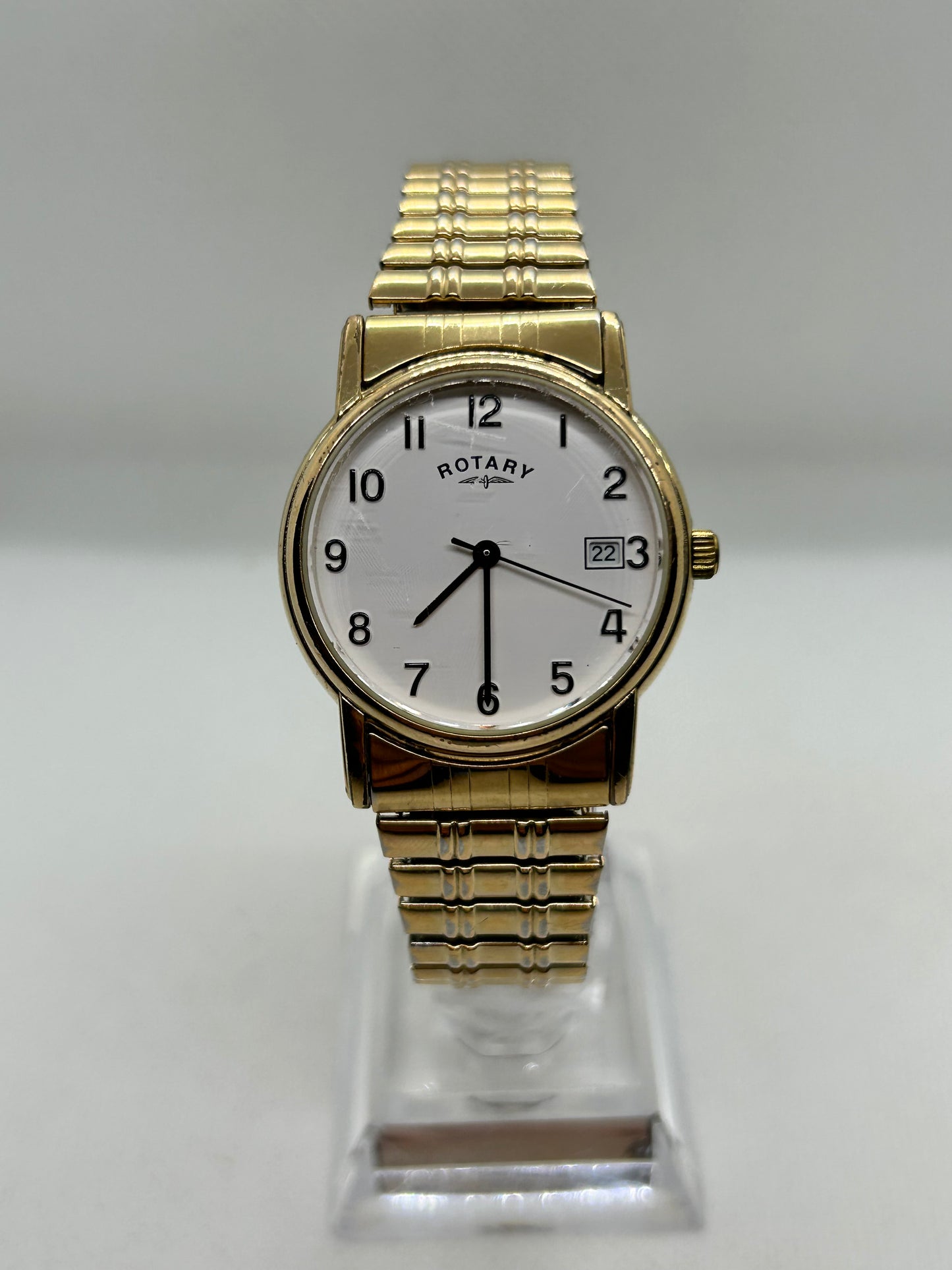 Rotary quartz dress watch with stretch bracelet and date function, presentation box