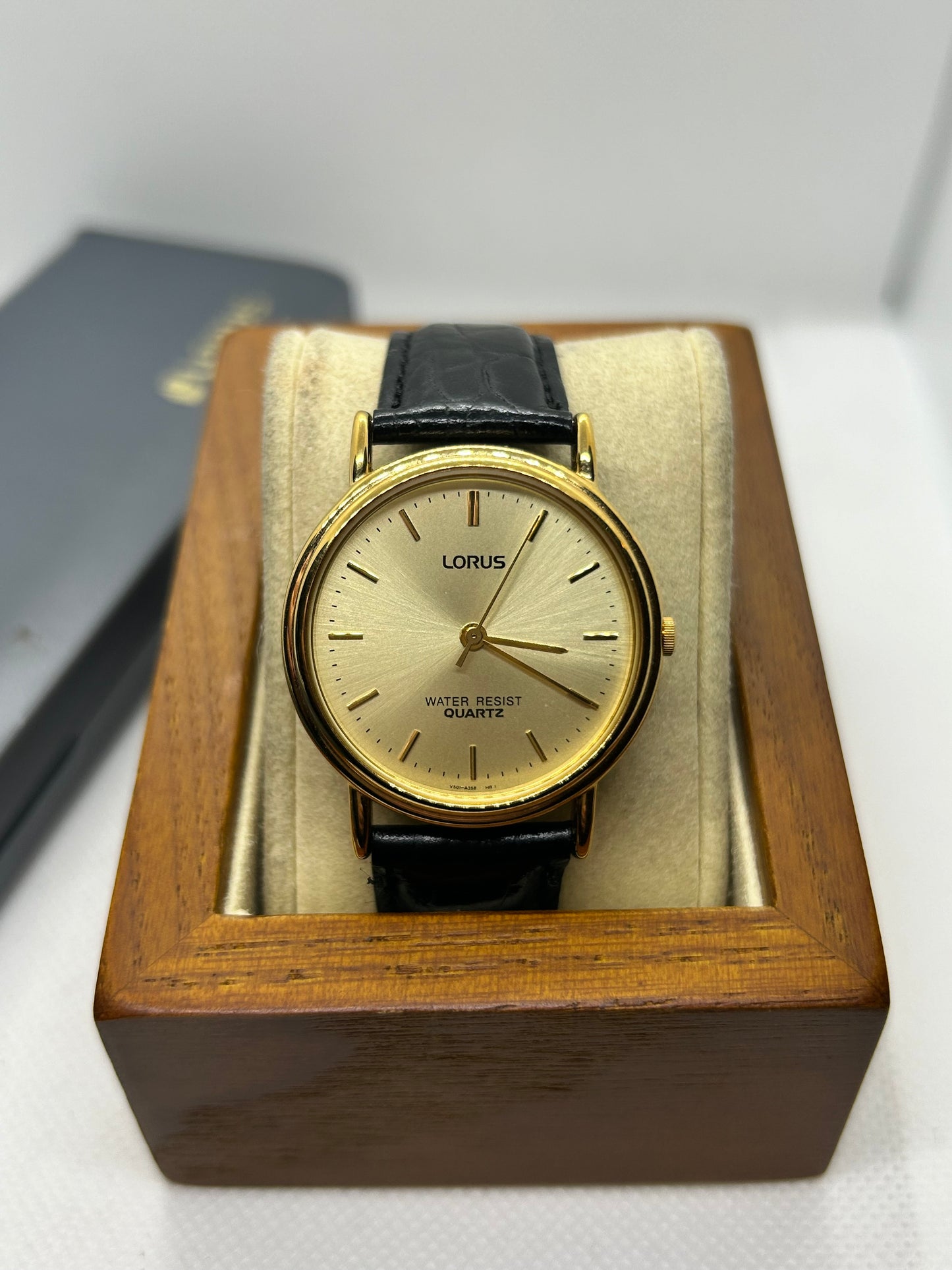 Lorus quartz gold dress watch with engraving on case back, with box