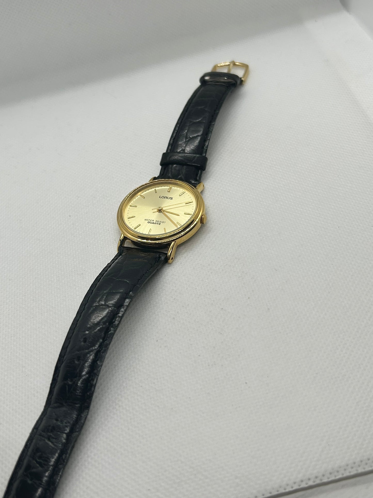 Lorus quartz gold dress watch with engraving on case back, with box