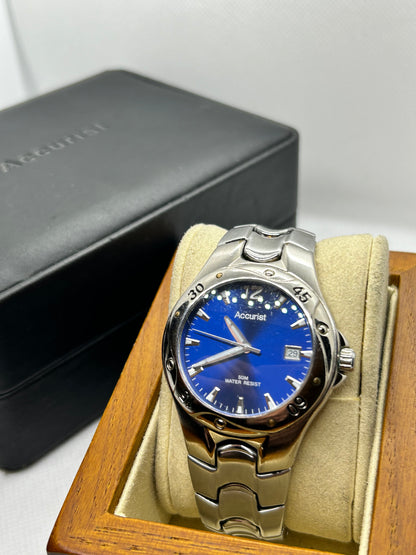 Accurist quartz watch silver case blue dial with date function, with box