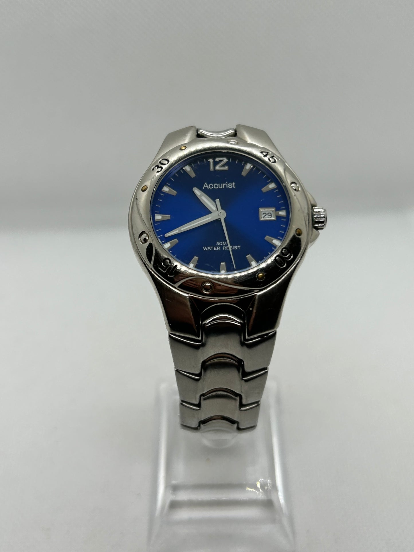 Accurist quartz watch silver case blue dial with date function, with box