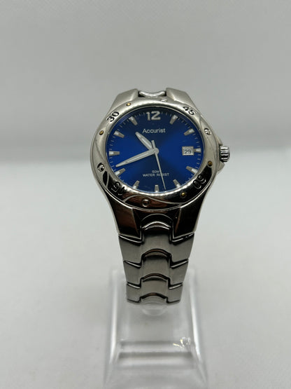 Accurist quartz watch silver case blue dial with date function, with box