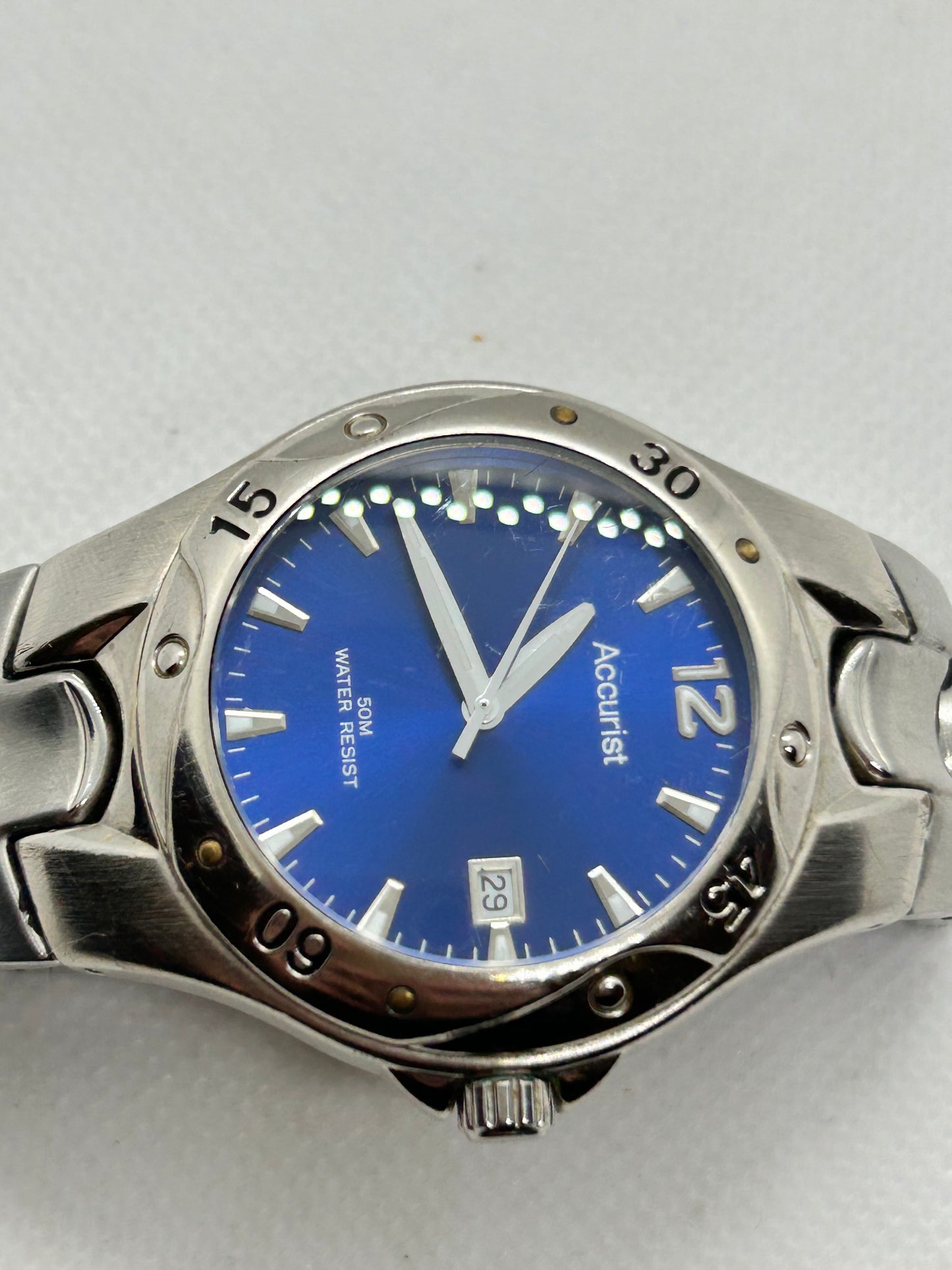 Accurist quartz watch silver case blue dial with date function, with box