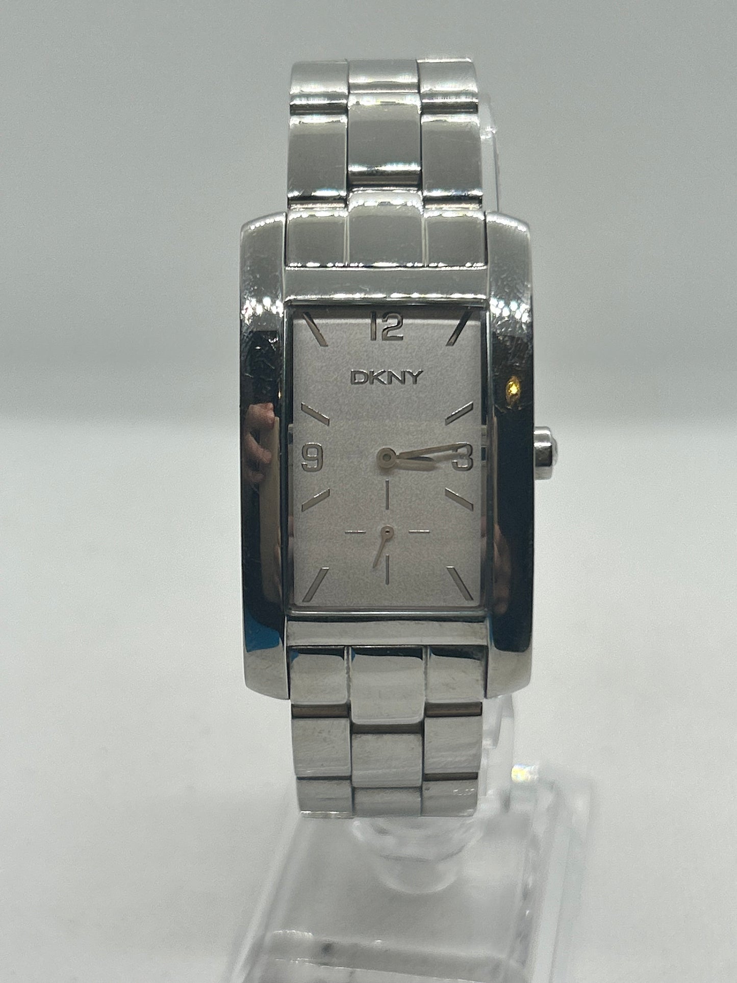 DKNY Silver ladies quartz tank style watch with sub seconds hand dial