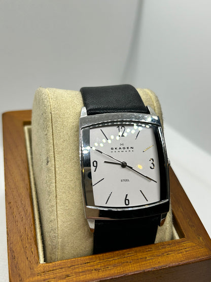 Skansen quartz dress watch white dial silver case black strap