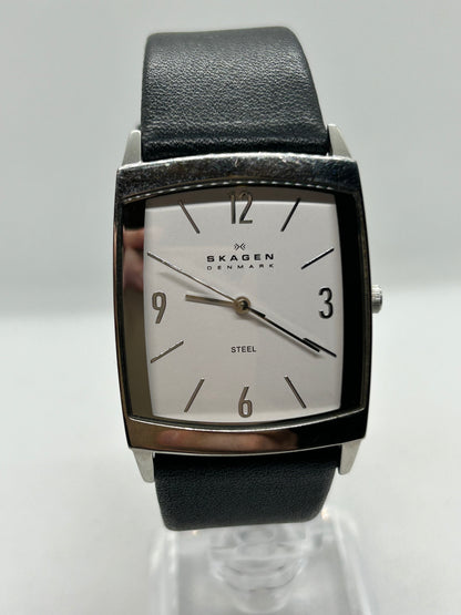 Skansen quartz dress watch white dial silver case black strap