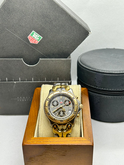 Tag Heuer professional CG1125 two tone gold plate and stainless steel grey dial chronograph with box, card and travel case