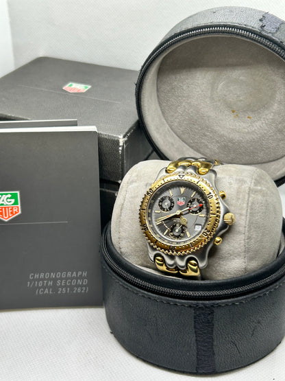 Tag Heuer professional CG1125 two tone gold plate and stainless steel grey dial chronograph with box, card and travel case