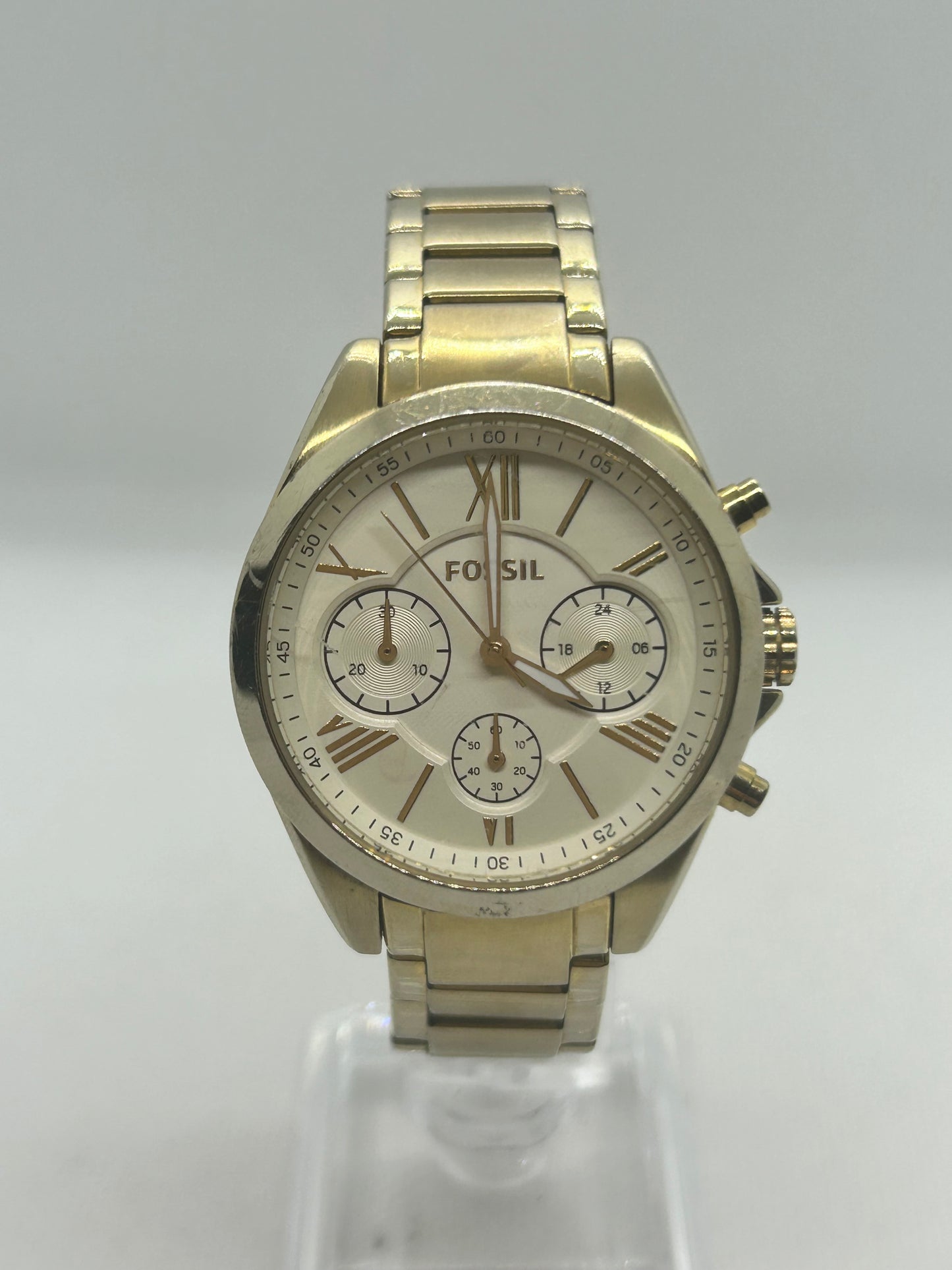 Fossil ladies quartz chronograph gold watch with chronograph dial