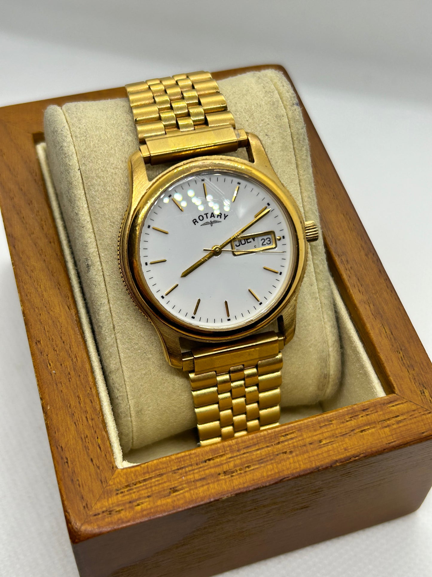 Rotary quartz day date watch gold watch with white dial