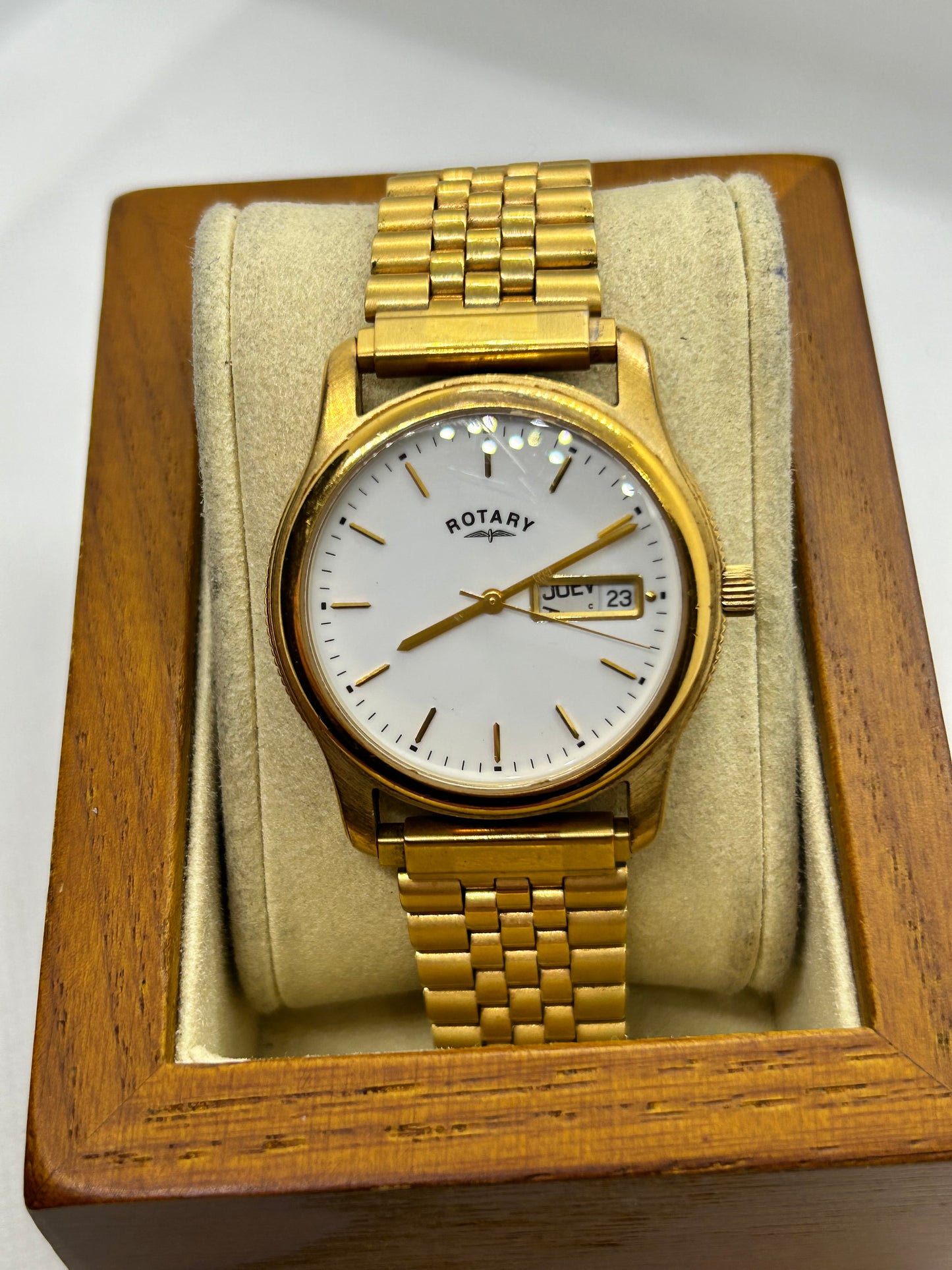 Rotary quartz day date watch gold watch with white dial