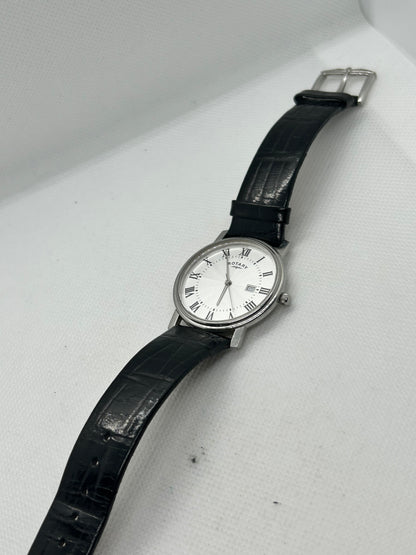 Rotary quartz silver dress watch black strap and date function with box