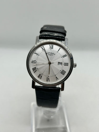 Rotary quartz silver dress watch black strap and date function with box