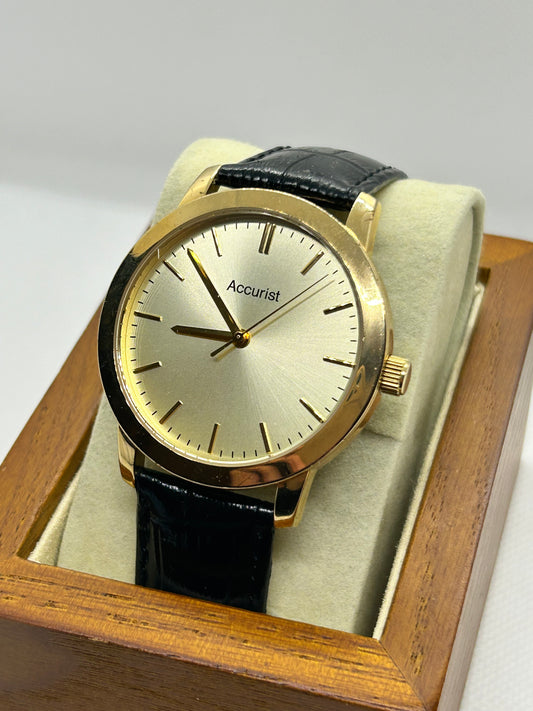 Accurist gold quartz smart dress watch black strap