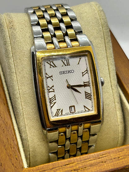 Seiko tank style quartz dress watch two tone silver and gold with date function