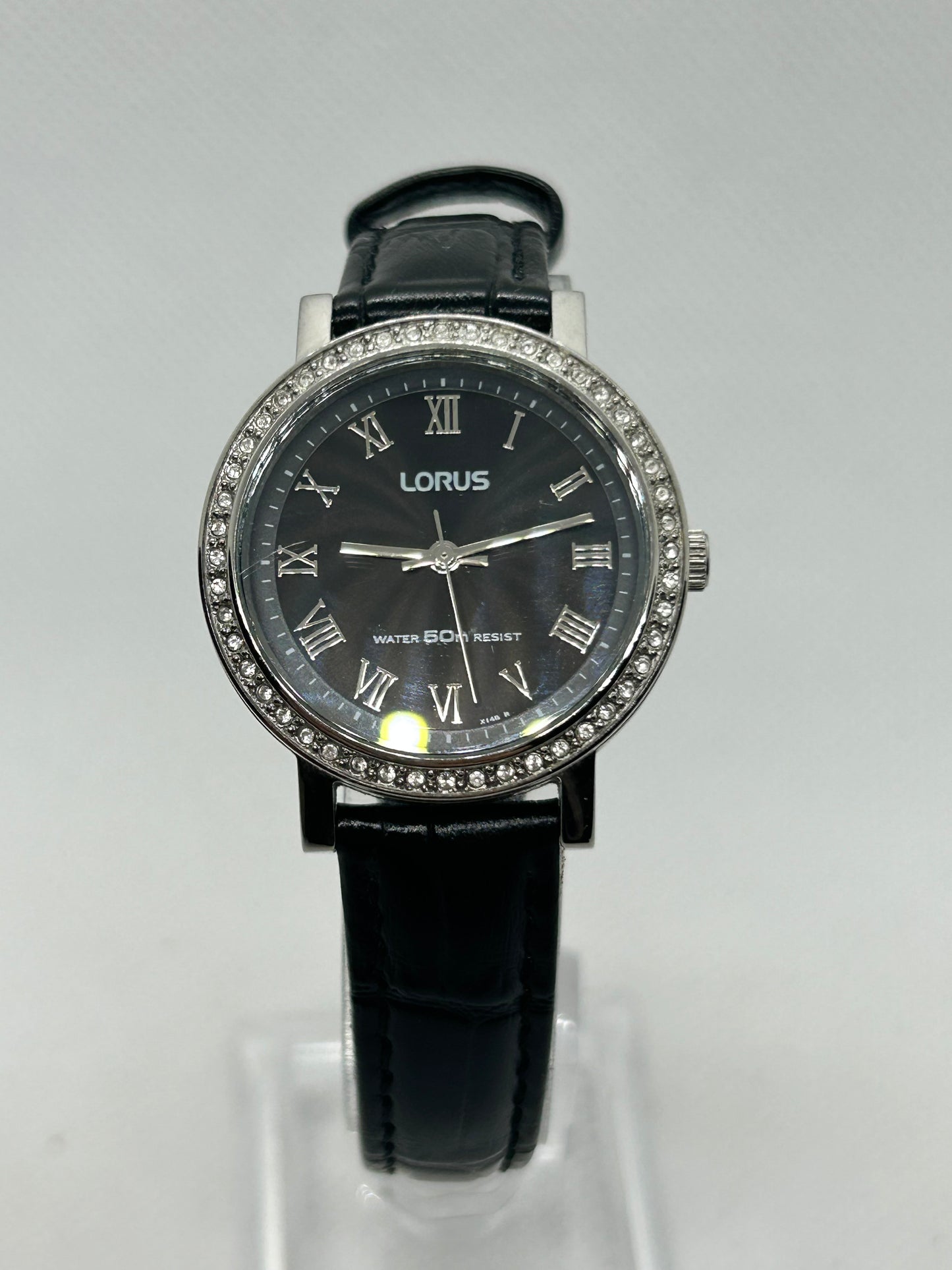 Lorus quartz ladies watch black dial and black strap with diamanté bezel, with box